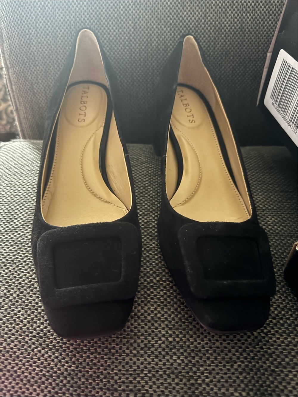 Talbots Black Suede Square-Toe Pumps with Buckle Accent